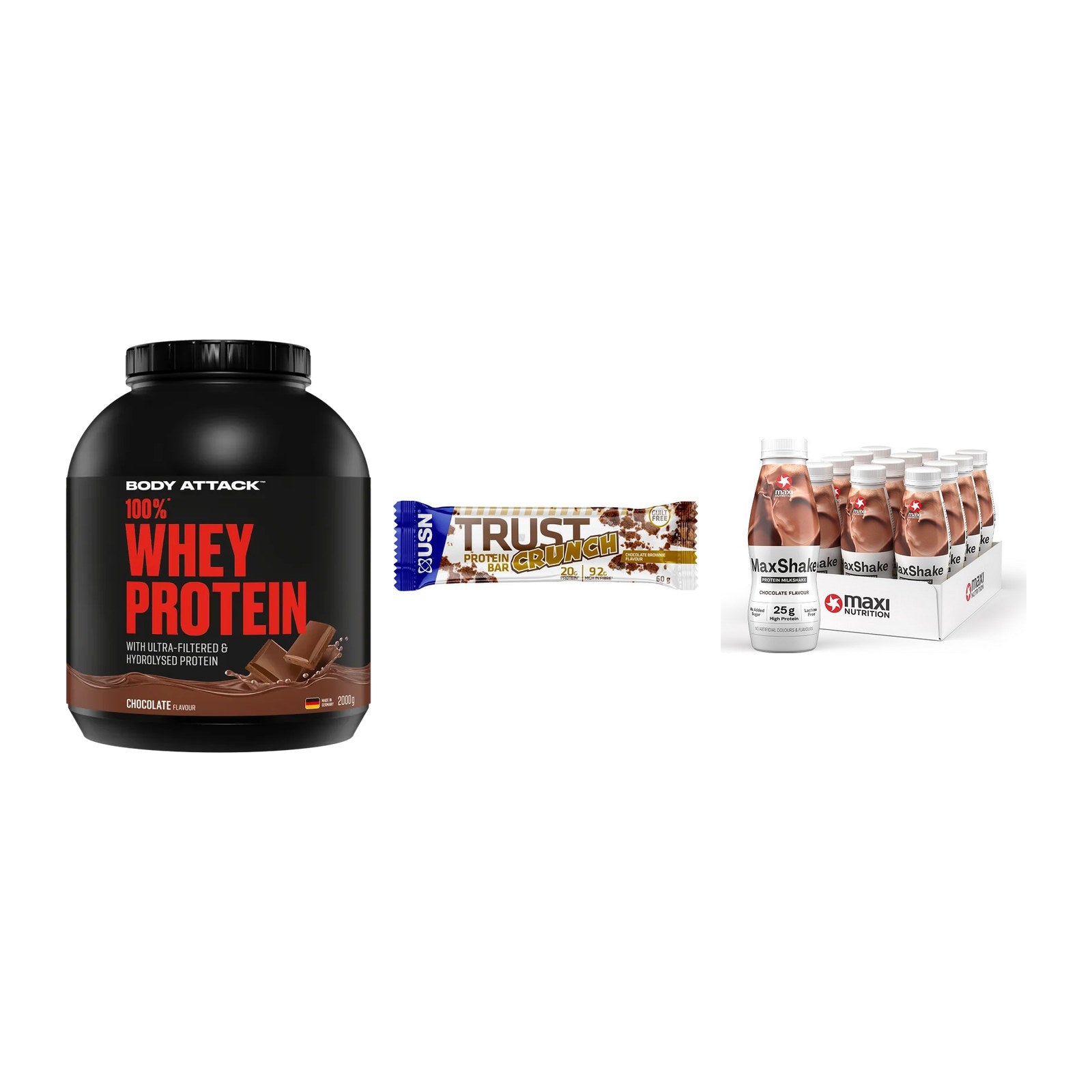 Schokolade Geschmacks-Trio: Body Attack + 3× USN TRUST + 1 weitere – alle enthaltenen Artikel