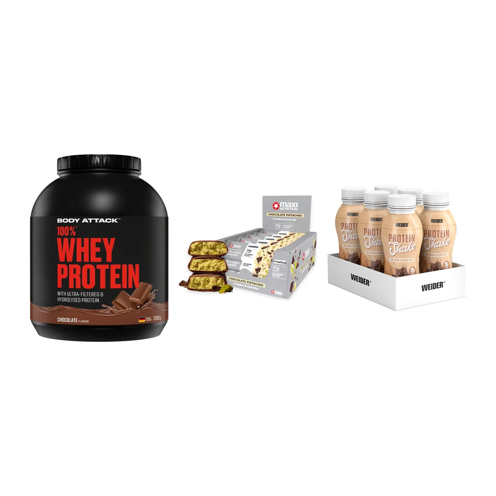Schokolade Geschmacks-Trio: Body Attack + 3× MaxiNutrition + 1 weitere – alle enthaltenen Artikel