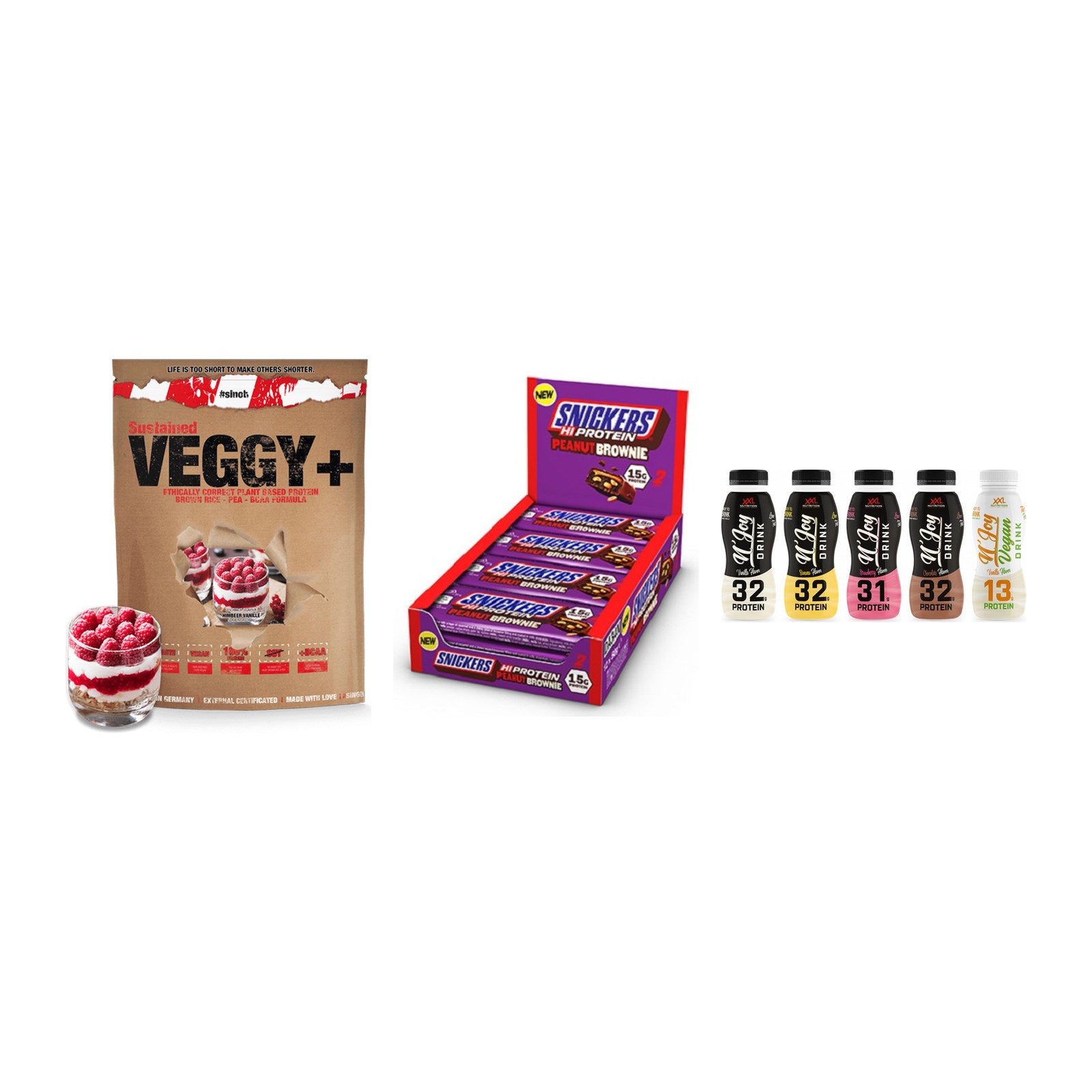 Schokolade Geschmacks-Trio: Sinob VEGGY + 3× Snickers High + 1 weitere – alle enthaltenen Artikel