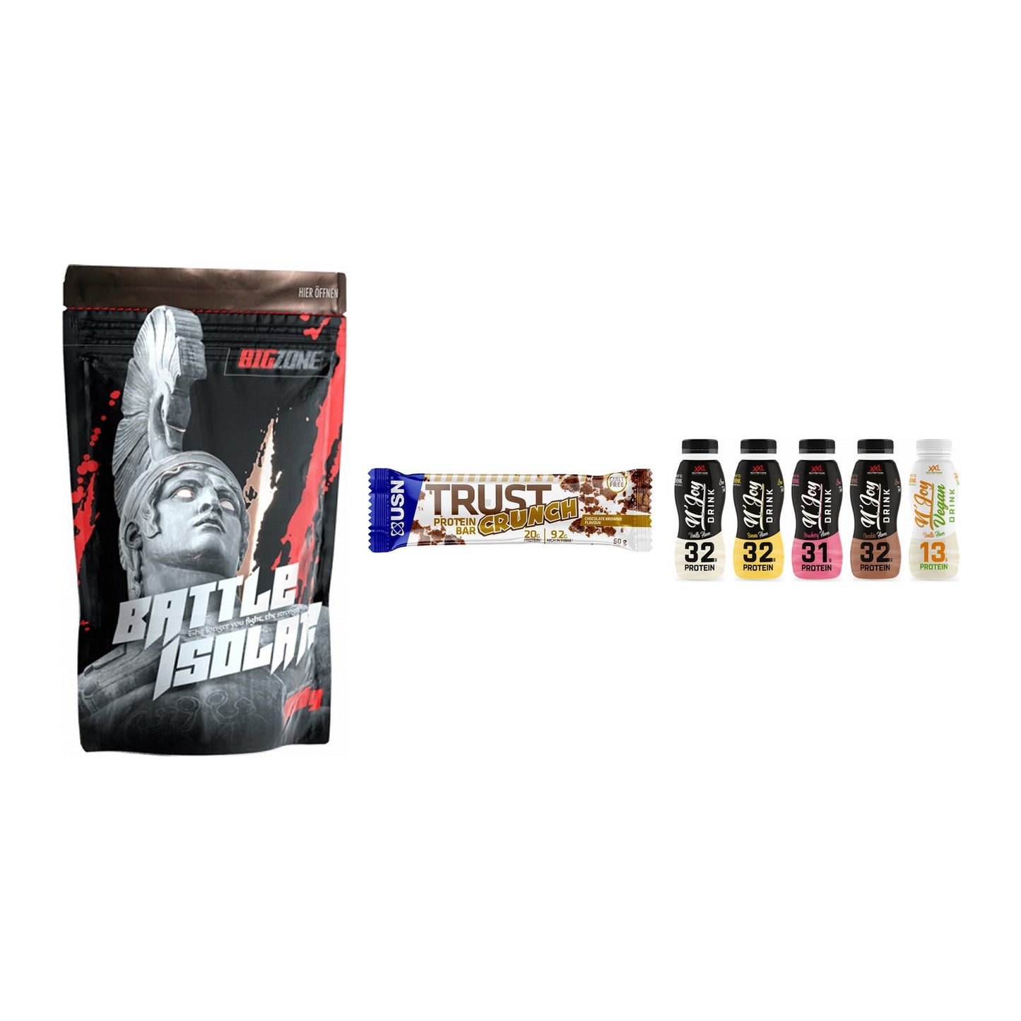 Schokolade Geschmacks-Trio: Big Zone + 3× USN TRUST + 2× XXL Nutritio – alle enthaltenen Artikel