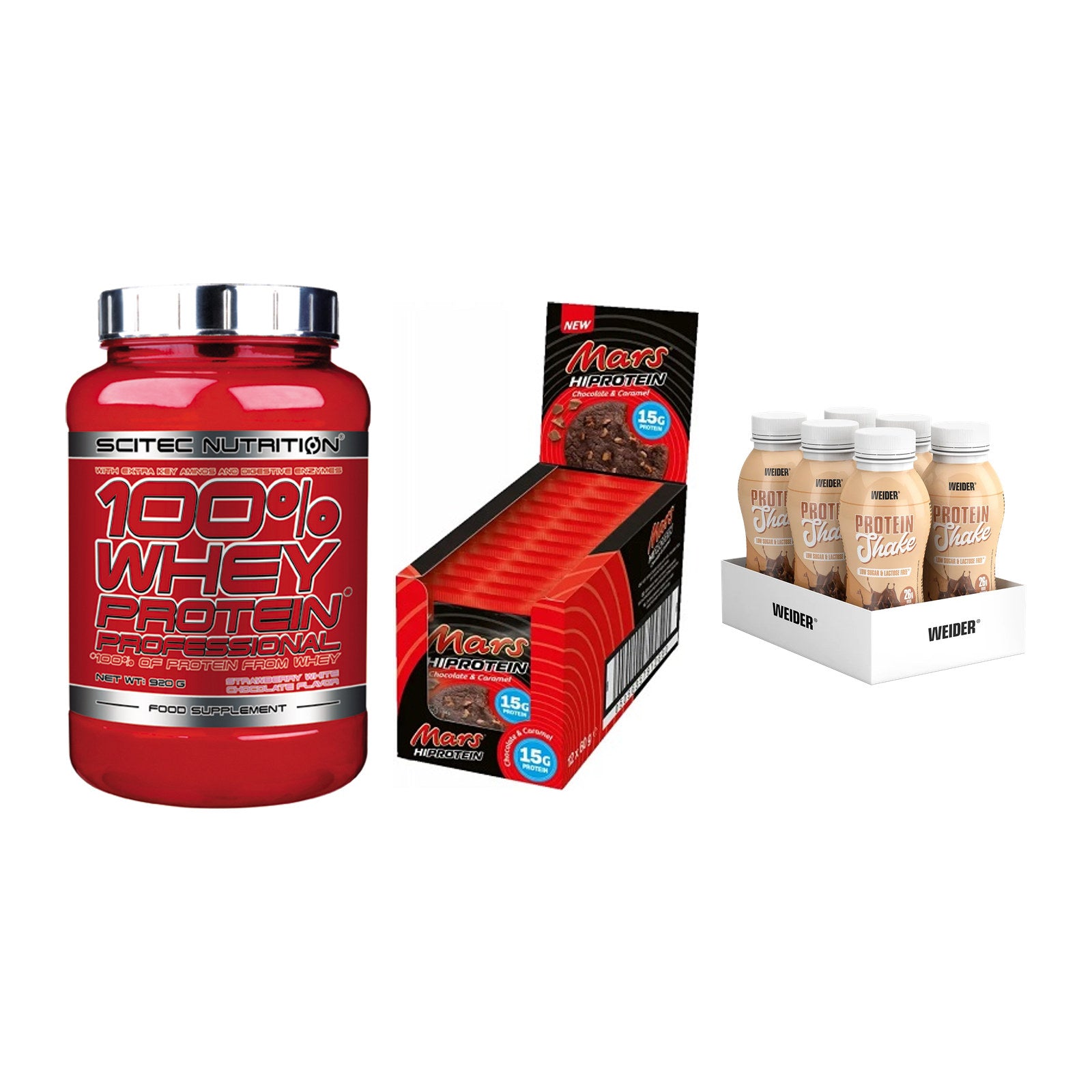 Schokolade Geschmacks-Trio: Scitec 100% + 3× Mars High + 1 weitere – alle enthaltenen Artikel