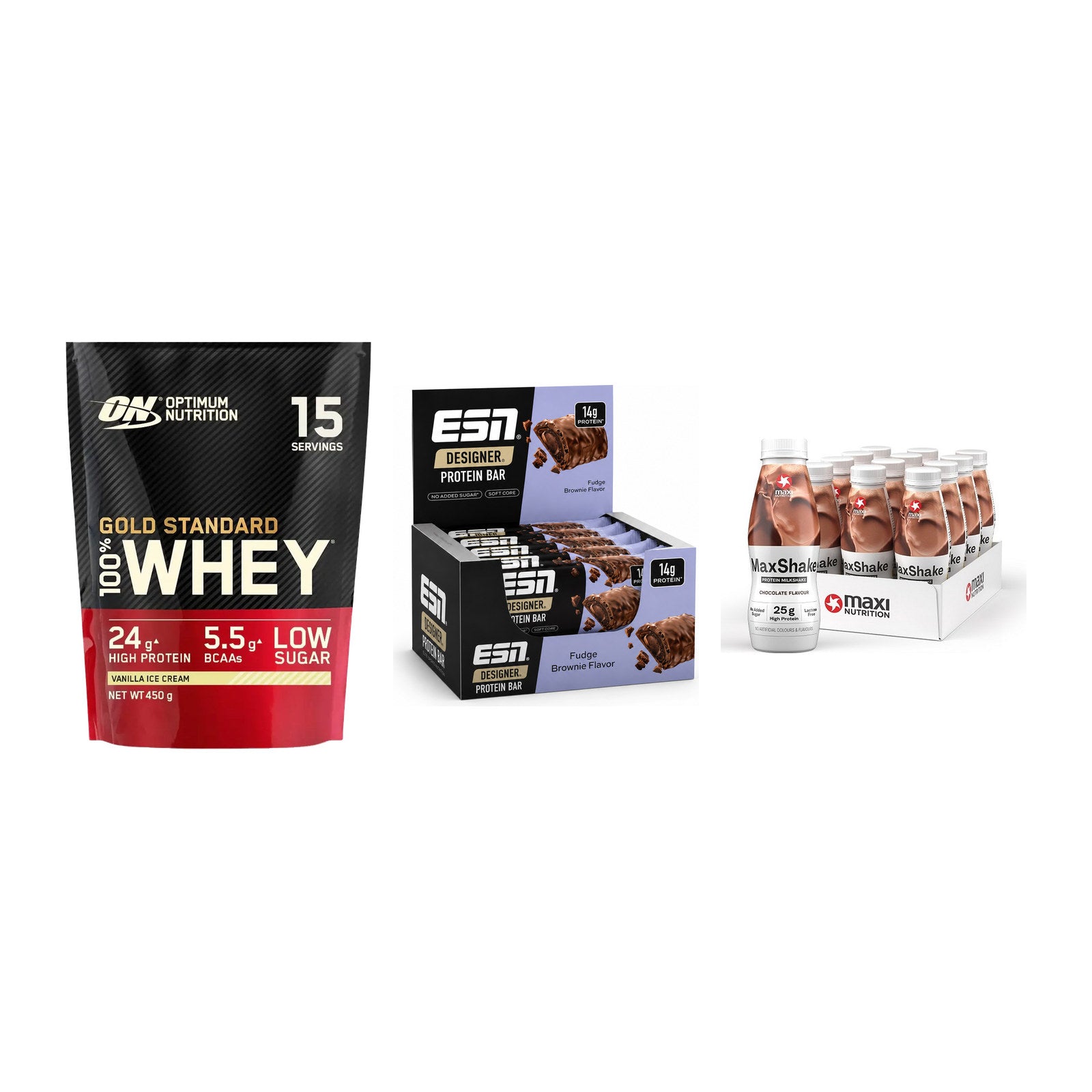 Schokolade Geschmacks-Trio: ON Whey Gold + 3× ESN Designer + 1 weitere – alle enthaltenen Artikel