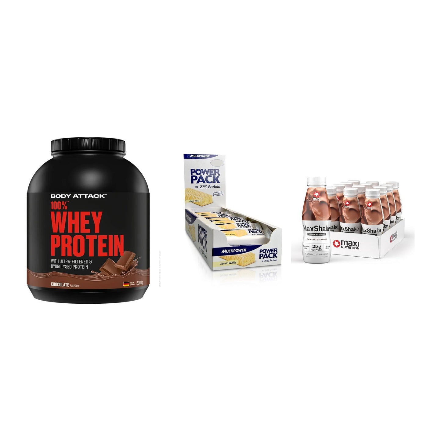 Schokolade Geschmacks-Trio: Body Attack + 3× Multipower + 1 weitere – alle enthaltenen Artikel