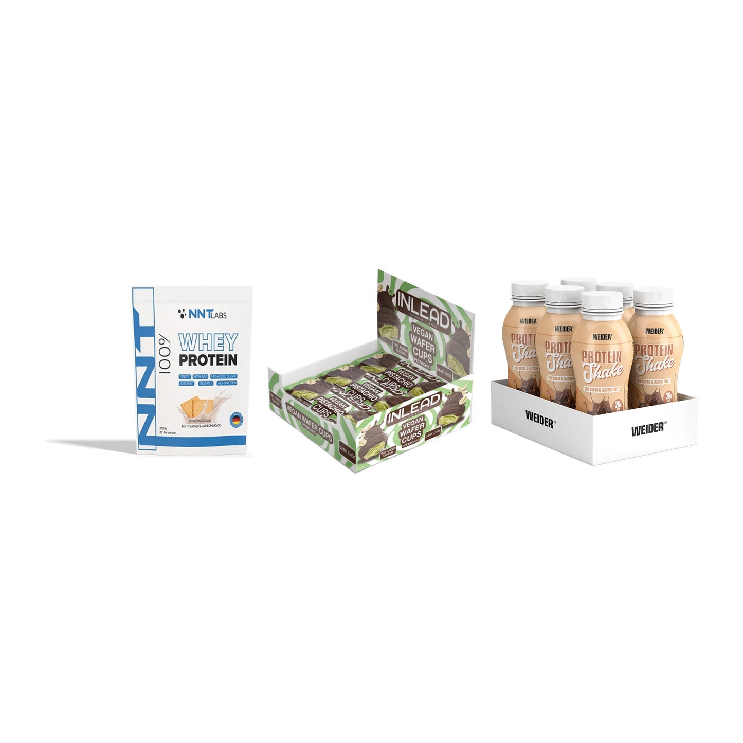 Schokolade Geschmacks-Trio: NNT Whey + 3× INLEAD Wafer + 1 weitere – alle enthaltenen Artikel