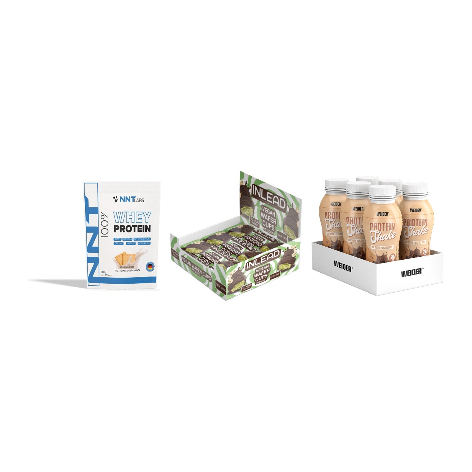 Schokolade Geschmacks-Trio: NNT Whey + 3× INLEAD Wafer + 1 weitere – alle enthaltenen Artikel