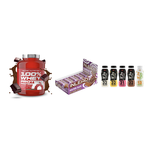 Schokolade Geschmacks-Trio: Scitec 100% + 3× INLEAD Wafer + 1 weitere – alle enthaltenen Artikel