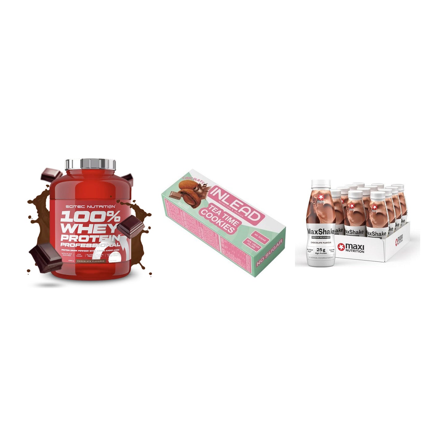 Schokolade Geschmacks-Trio: Scitec 100% + 3× INLEAD Tea + 1 weitere – alle enthaltenen Artikel