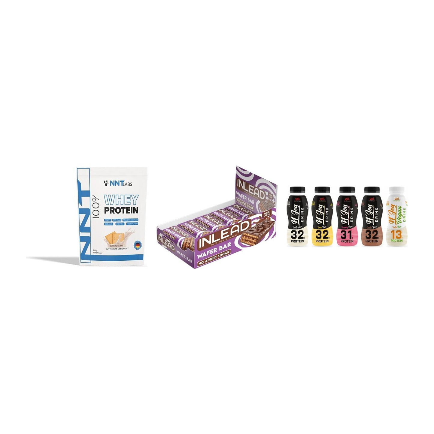 Schokolade Geschmacks-Trio: NNT Whey + 3× INLEAD Wafer Bar + 1 weitere – alle enthaltenen Artikel