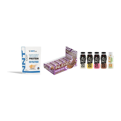 Schokolade Geschmacks-Trio: NNT Whey + 3× INLEAD Wafer Bar + 1 weitere – alle enthaltenen Artikel