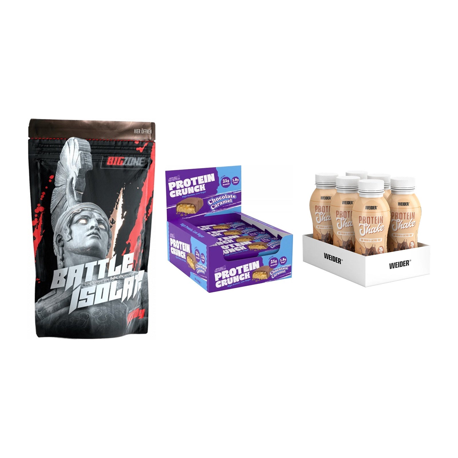 Schokolade Geschmacks-Trio: Big Zone + 3× Applied + 2× Weider PROTE – alle enthaltenen Artikel