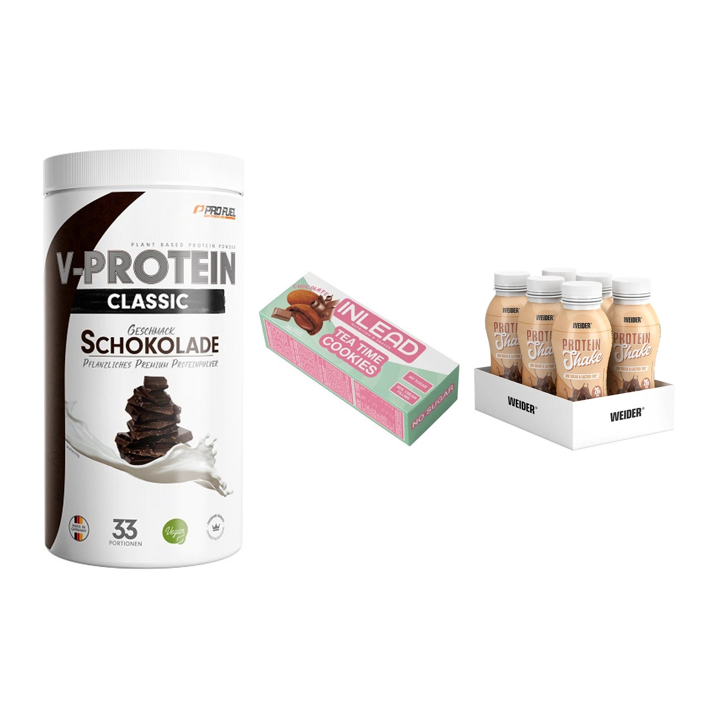 Schokolade Geschmacks-Trio: ProFuel + 3× INLEAD Tea + 2× Weider PROTE – alle enthaltenen Artikel