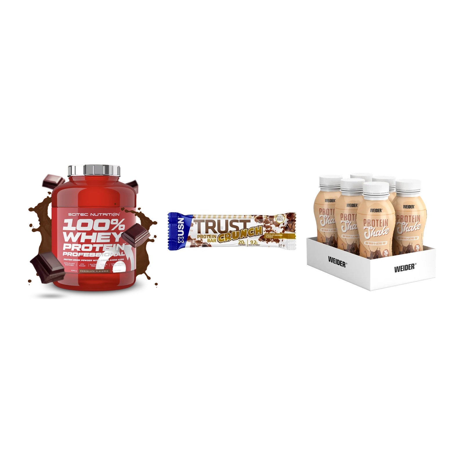 Schokolade Geschmacks-Trio: Scitec 100% + 3× USN TRUST + 1 weitere – alle enthaltenen Artikel