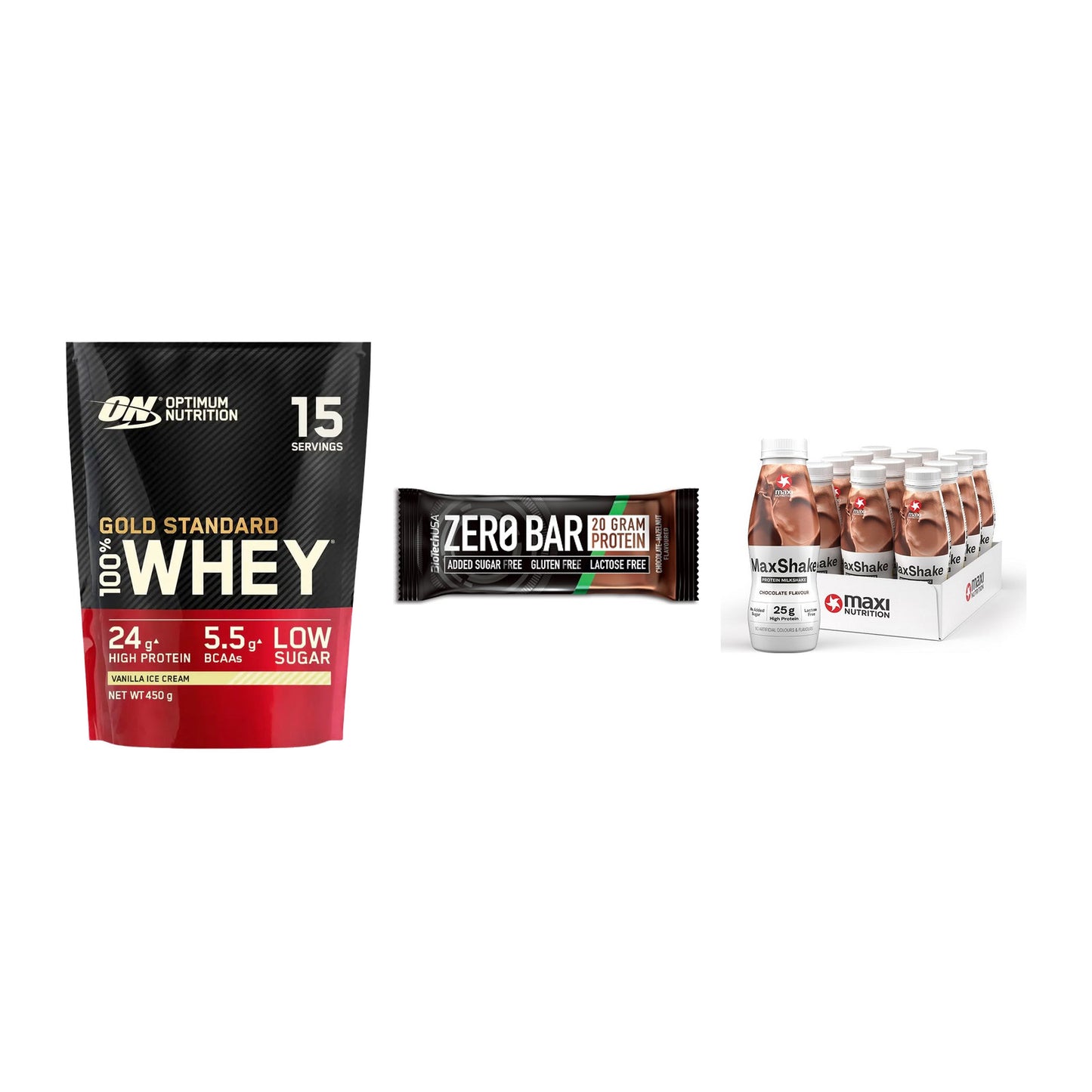Schokolade Geschmacks-Trio: ON Whey Gold + 3× BioTech Zero + 1 weitere – alle enthaltenen Artikel