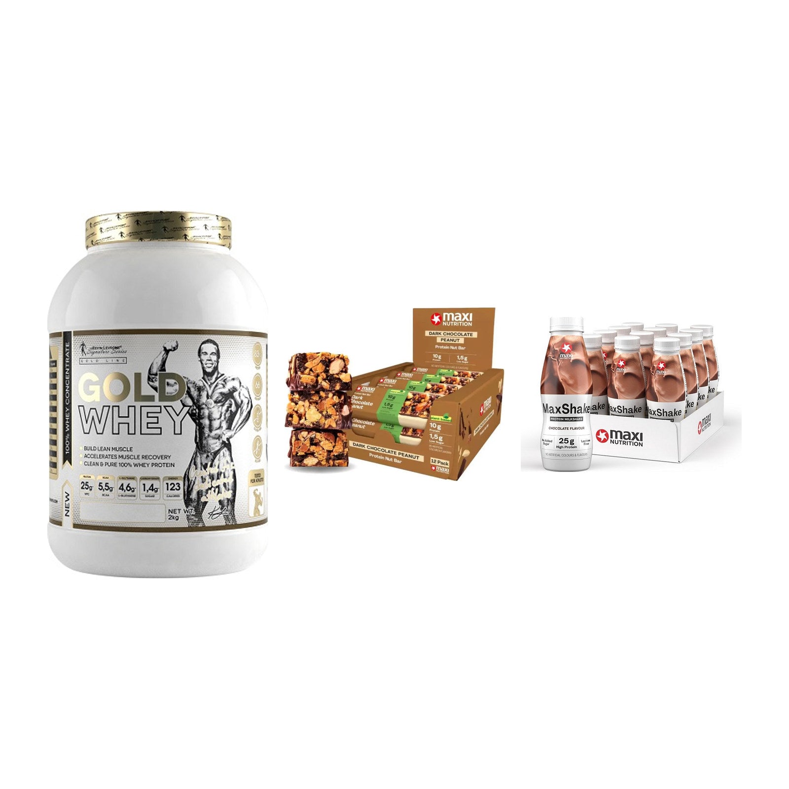 Schokolade Geschmacks-Trio: Kevin Levrone Gold Whey + 2 weitere – alle enthaltenen Artikel