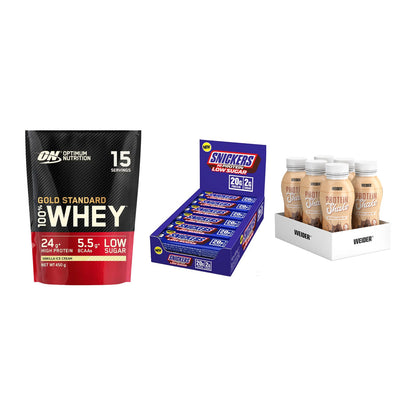 Schokolade Geschmacks-Trio: ON Whey Gold + 3× Snickers LOW + 1 weitere – alle enthaltenen Artikel