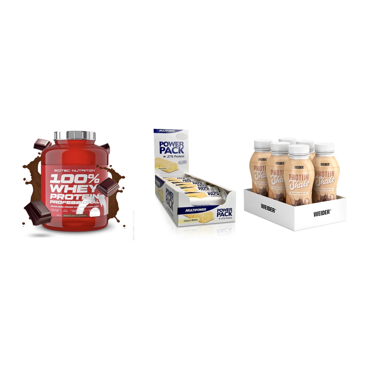 Schokolade Geschmacks-Trio: Scitec 100% + 3× Multipower + 1 weitere – alle enthaltenen Artikel