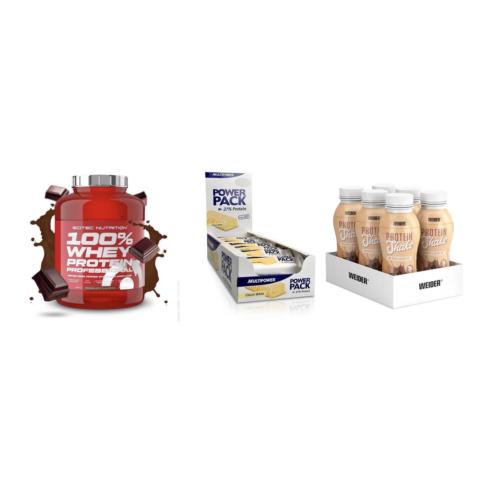 Schokolade Geschmacks-Trio: Scitec 100% + 3× Multipower + 1 weitere – alle enthaltenen Artikel