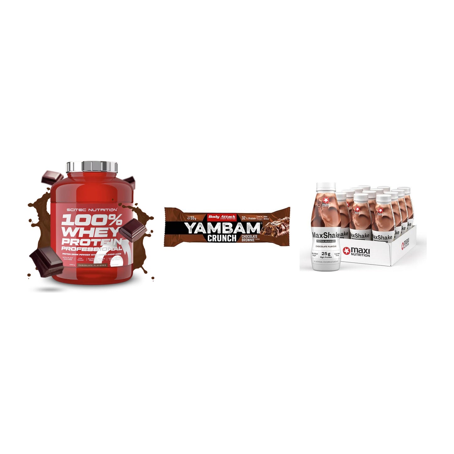 Schokolade Geschmacks-Trio: Scitec 100% + 3× Body Attack + 1 weitere – alle enthaltenen Artikel