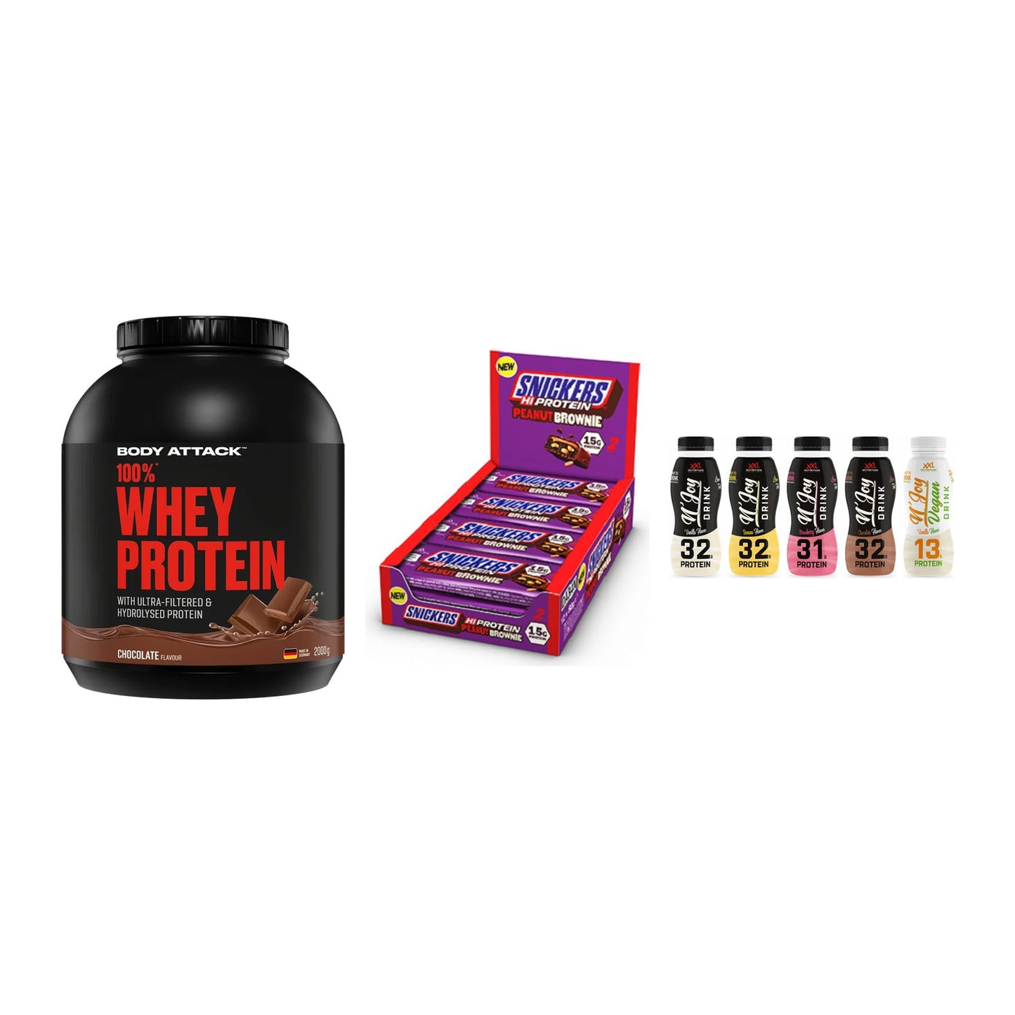 Schokolade Geschmacks-Trio: Body Attack + 3× Snickers High + 1 weitere – alle enthaltenen Artikel