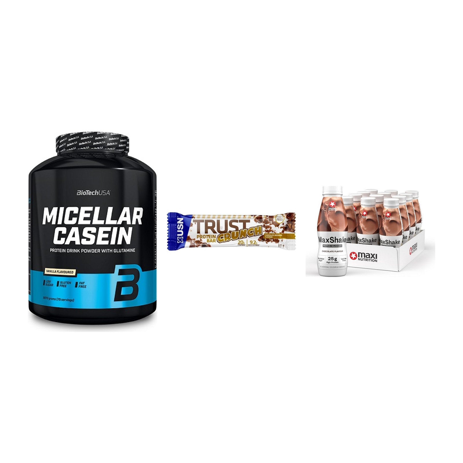 Schokolade Geschmacks-Trio: BioTech + 3× USN TRUST + 2× MaxiNutritio – alle enthaltenen Artikel