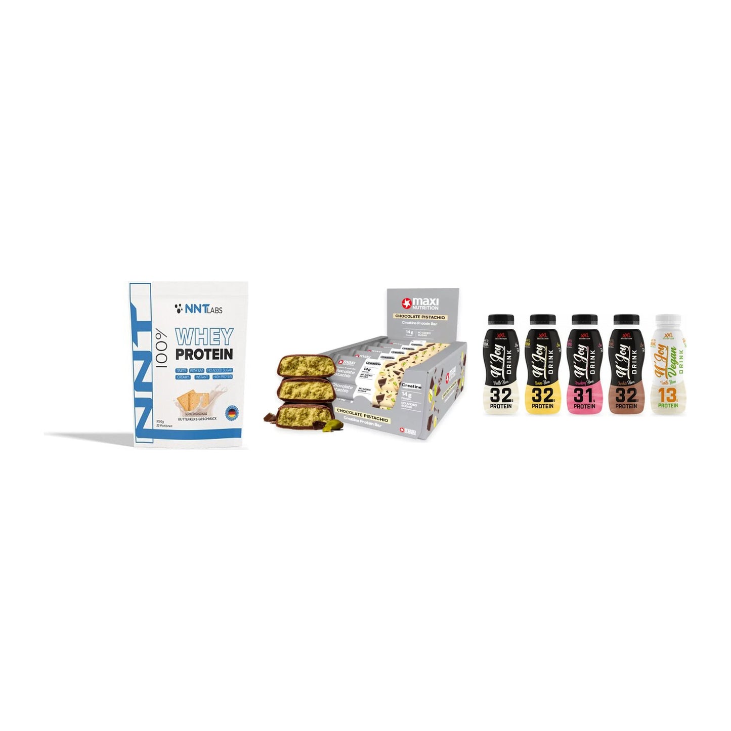 Schokolade Geschmacks-Trio: NNT Whey + 3× MaxiNutrition + 1 weitere – alle enthaltenen Artikel