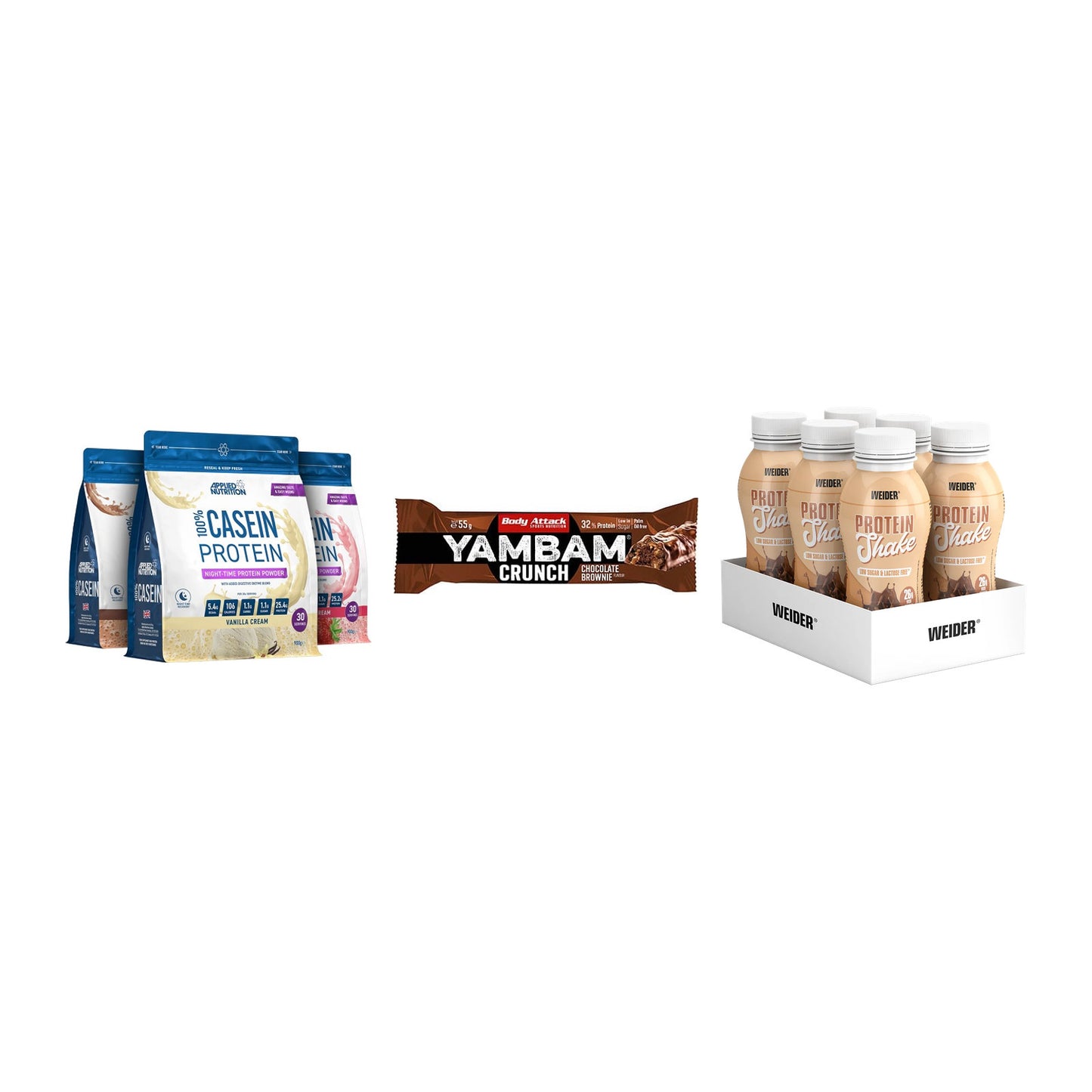 Schokolade Geschmacks-Trio: Applied + 3× Body Attack + 2× Weider PROTE – alle enthaltenen Artikel