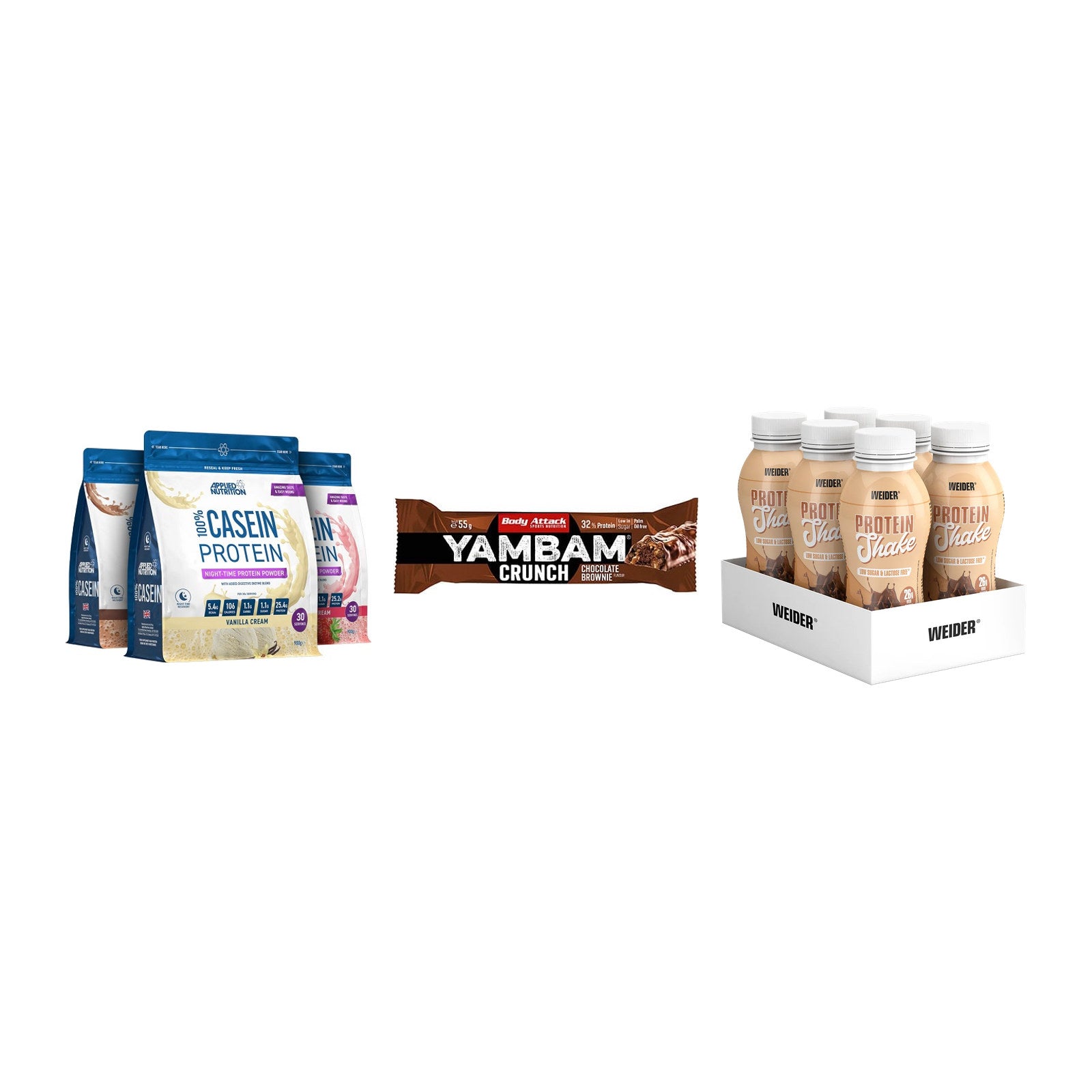 Schokolade Geschmacks-Trio: Applied + 3× Body Attack + 2× Weider PROTE – alle enthaltenen Artikel