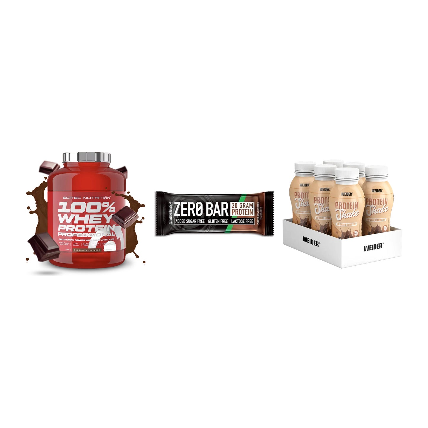 Schokolade Geschmacks-Trio: Scitec 100% + 3× BioTech Zero + 1 weitere – alle enthaltenen Artikel