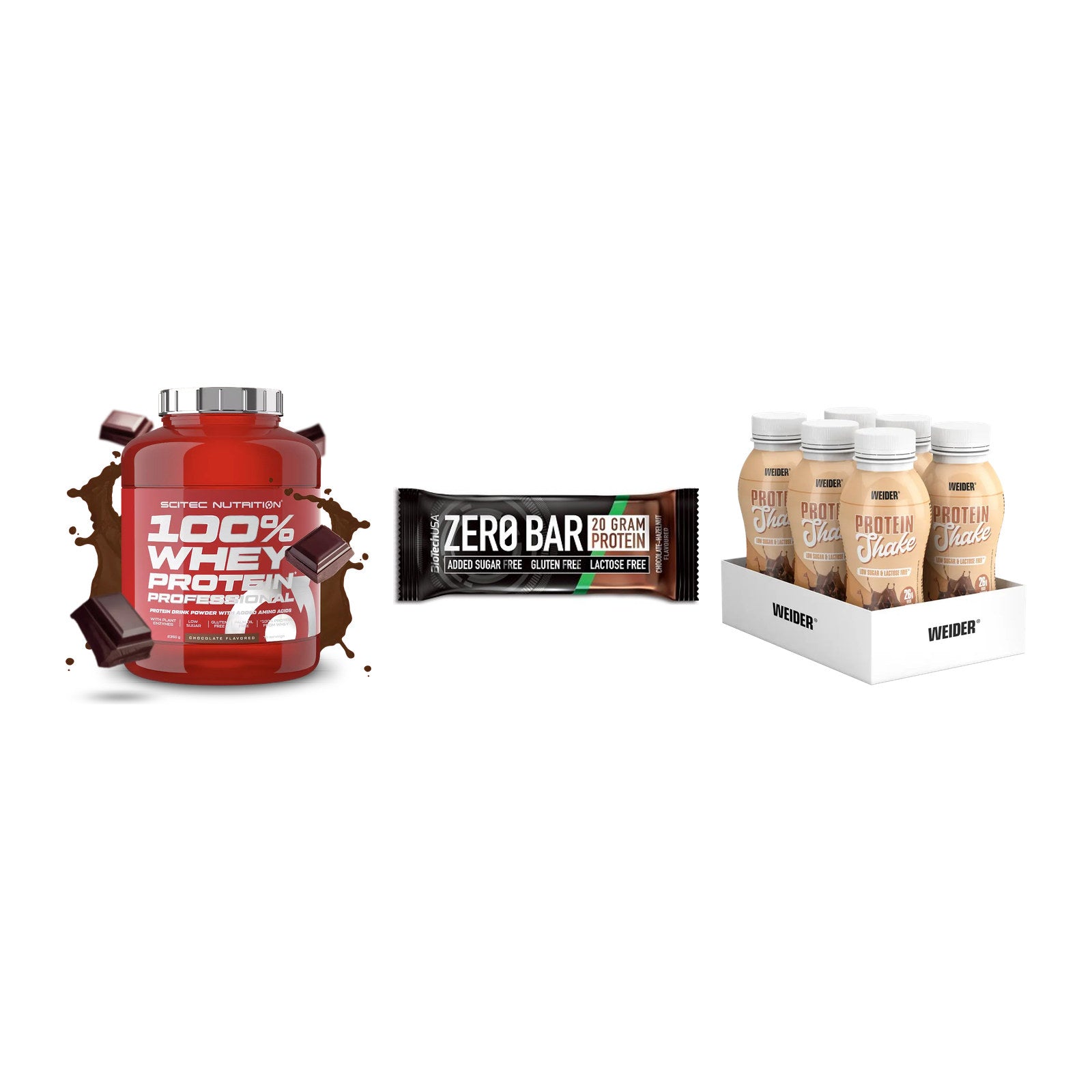 Schokolade Geschmacks-Trio: Scitec 100% + 3× BioTech Zero + 1 weitere – alle enthaltenen Artikel