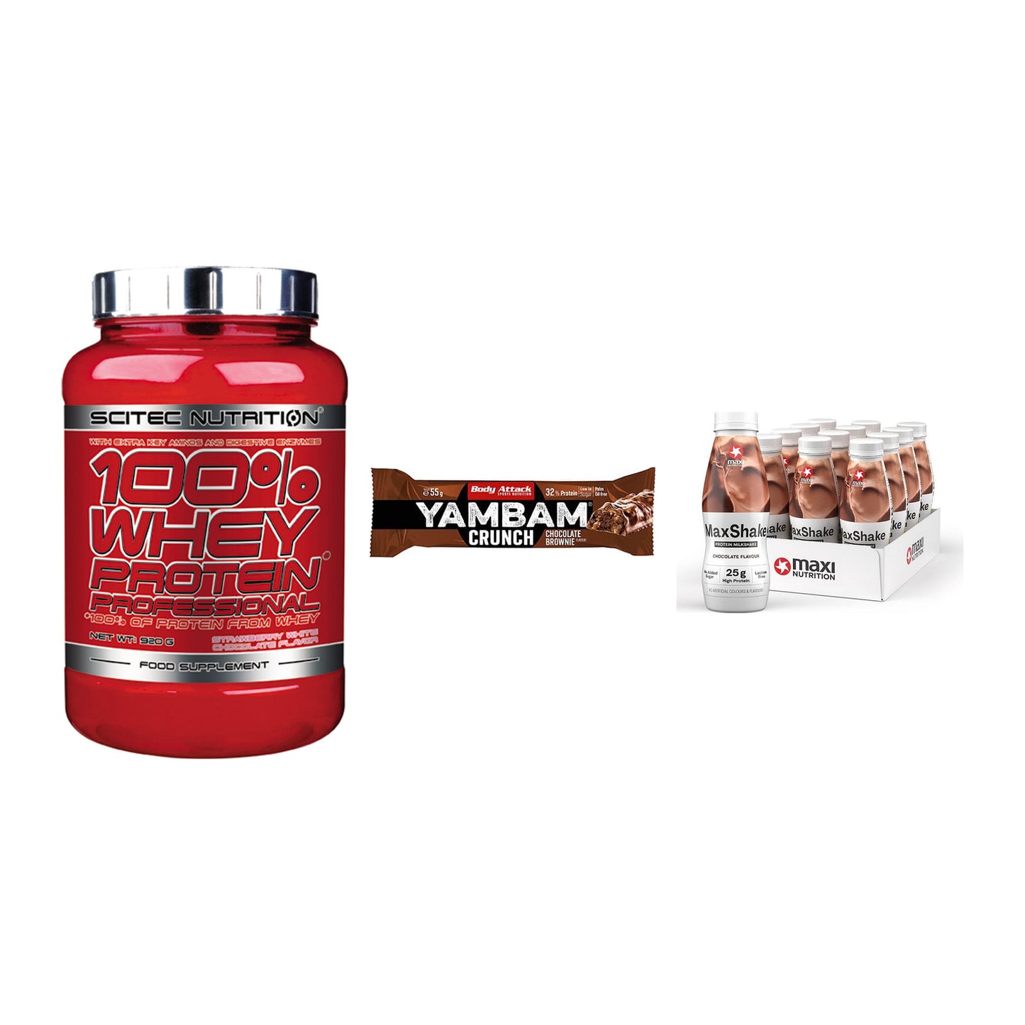 Schokolade Geschmacks-Trio: Scitec 100% + 3× Body Attack + 1 weitere – alle enthaltenen Artikel