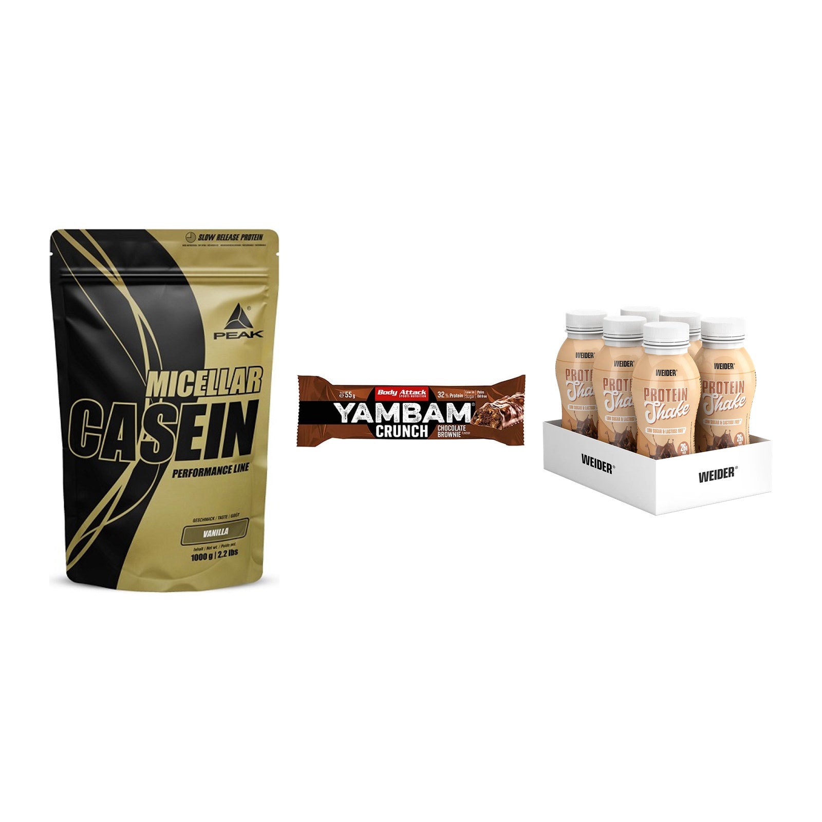 Schokolade Geschmacks-Trio: Peak Micellar + 3× Body Attack + 1 weitere – alle enthaltenen Artikel