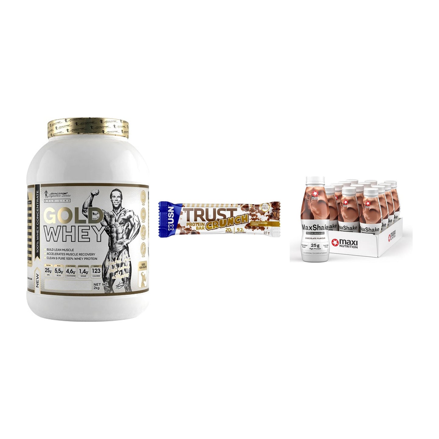 Schokolade Geschmacks-Trio: Kevin Levrone + 3× USN TRUST + 1 weitere – alle enthaltenen Artikel