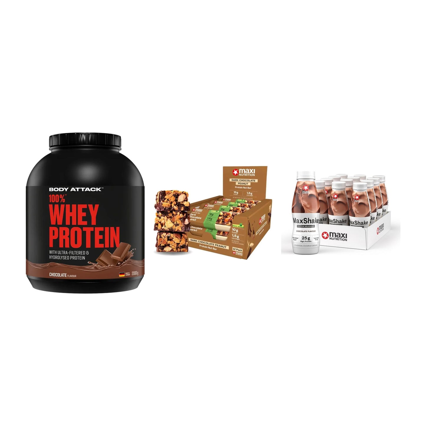 Schokolade Geschmacks-Trio: Body Attack + 3× MaxiNutrition + 1 weitere – alle enthaltenen Artikel