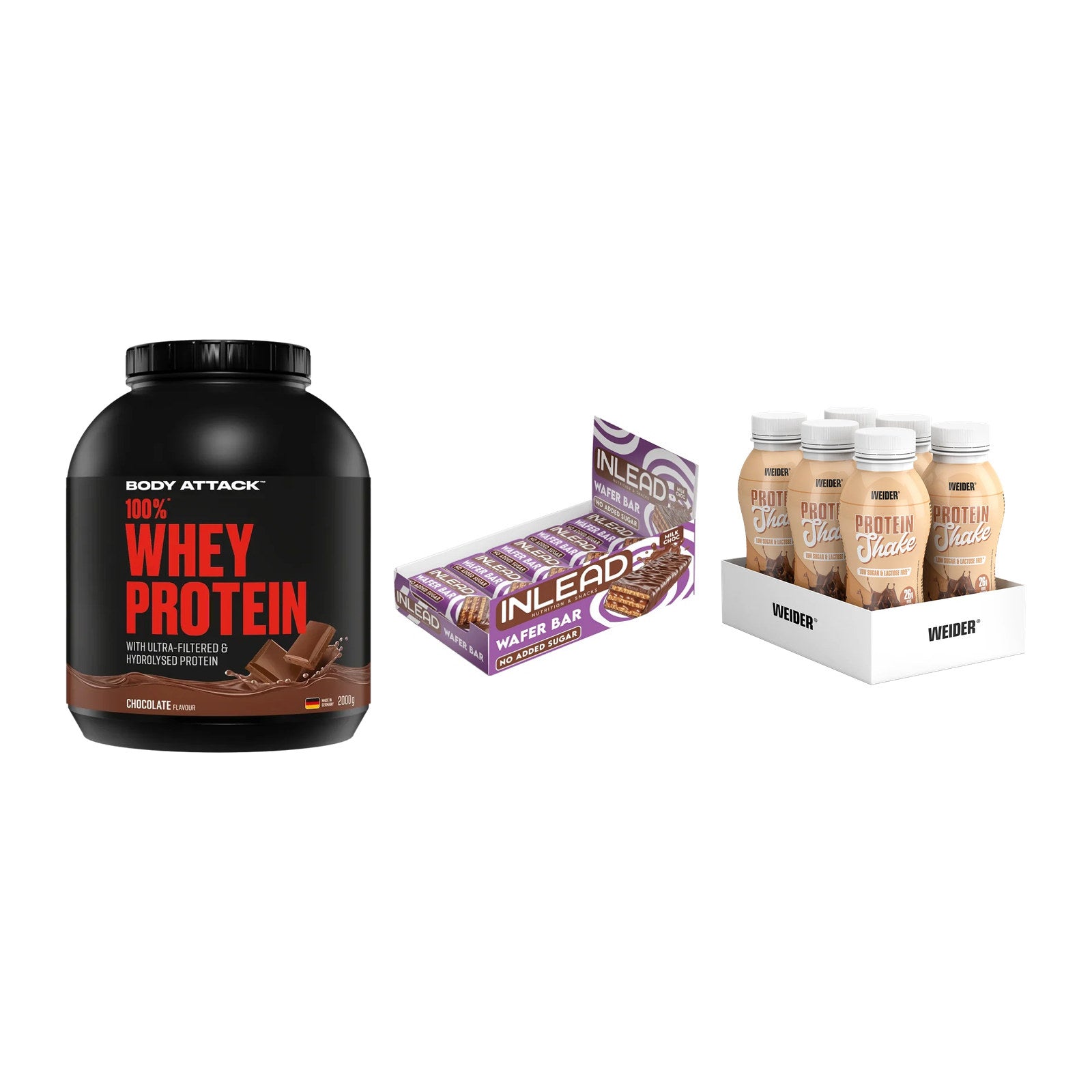 Schokolade Geschmacks-Trio: Body Attack + 3× INLEAD Wafer + 1 weitere – alle enthaltenen Artikel