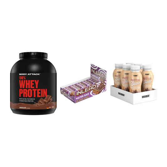 Schokolade Geschmacks-Trio: Body Attack + 3× INLEAD Wafer + 1 weitere – alle enthaltenen Artikel