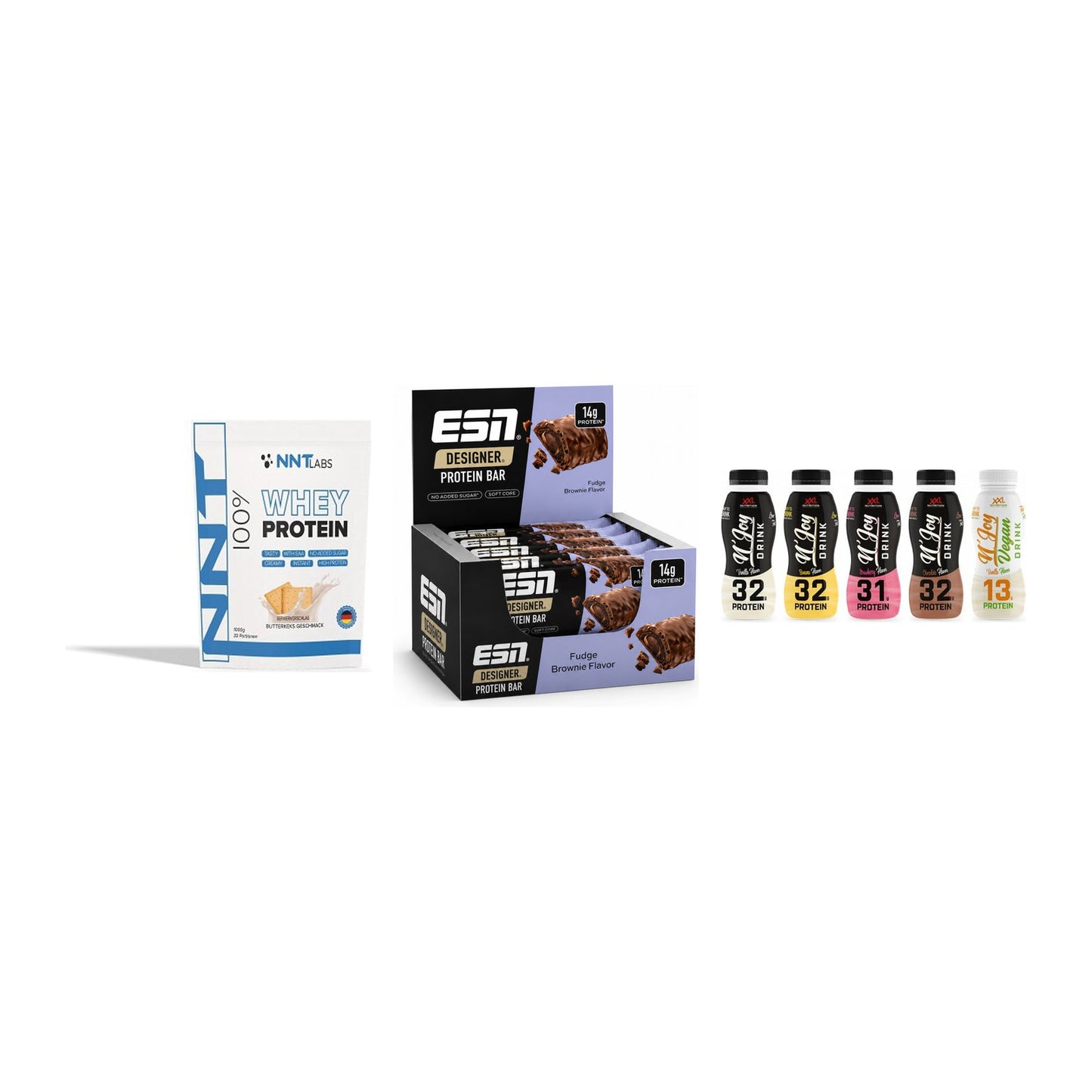 Schokolade Geschmacks-Trio: NNT Whey + 3× ESN Designer Bar + 1 weitere – alle enthaltenen Artikel