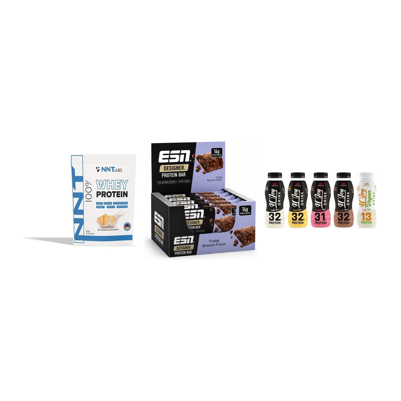 Schokolade Geschmacks-Trio: NNT Whey + 3× ESN Designer Bar + 1 weitere – alle enthaltenen Artikel