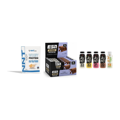 Schokolade Geschmacks-Trio: NNT Whey + 3× ESN Designer Bar + 1 weitere – alle enthaltenen Artikel