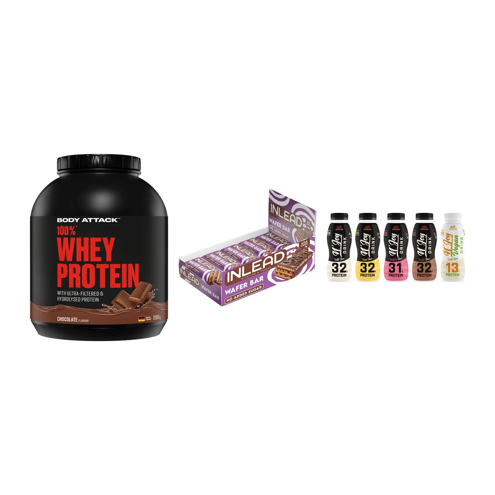 Schokolade Geschmacks-Trio: Body Attack + 3× INLEAD Wafer + 1 weitere – alle enthaltenen Artikel