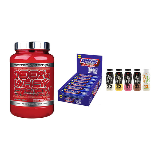 Schokolade Geschmacks-Trio: Scitec 100% + 3× Snickers LOW + 1 weitere – alle enthaltenen Artikel