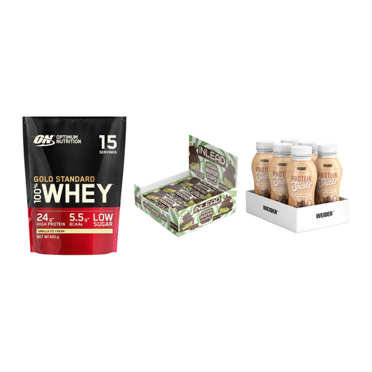 Schokolade Geschmacks-Trio: ON Whey Gold + 3× INLEAD Wafer + 1 weitere – alle enthaltenen Artikel