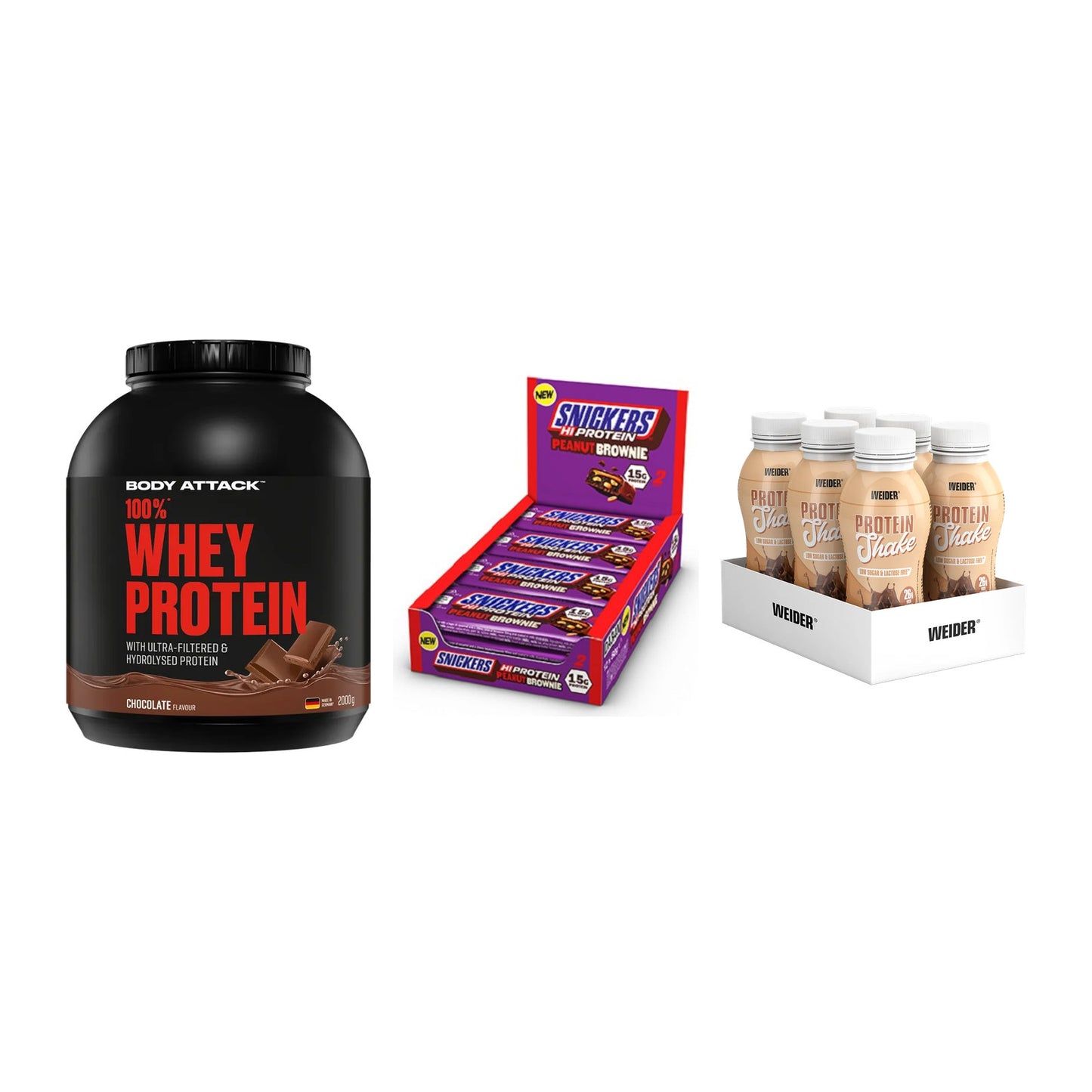 Schokolade Geschmacks-Trio: Body Attack + 3× Snickers High + 1 weitere – alle enthaltenen Artikel
