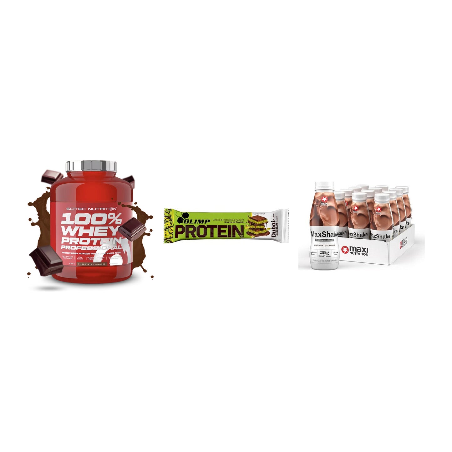 Schokolade Geschmacks-Trio: Scitec 100% + 3× Olimp Protein + 1 weitere – alle enthaltenen Artikel