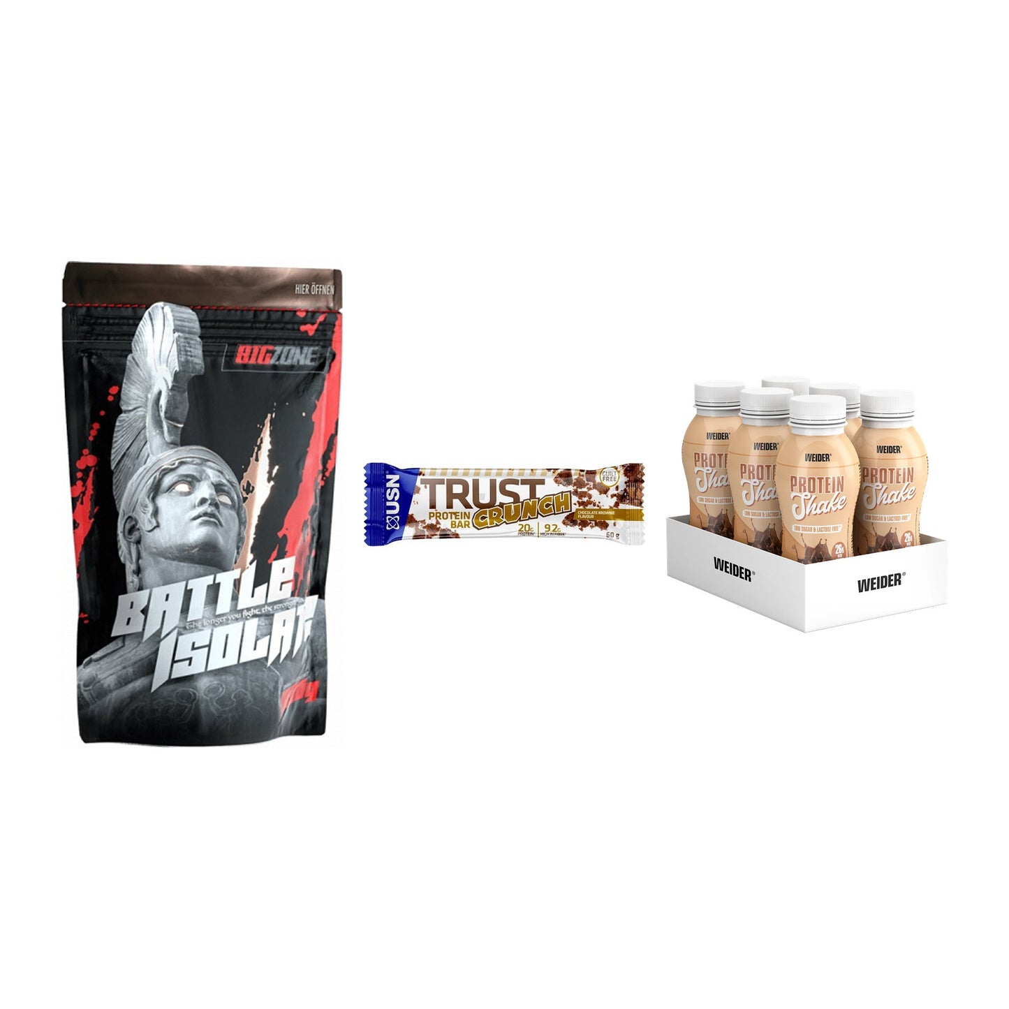 Schokolade Geschmacks-Trio: Big Zone + 3× USN TRUST + 2× Weider PROTE – alle enthaltenen Artikel