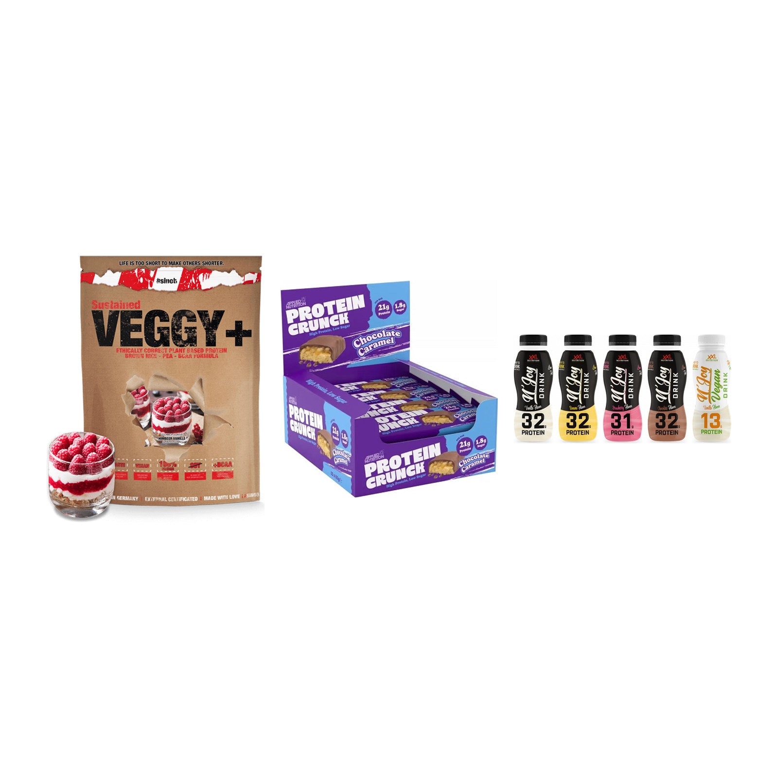 Schokolade Geschmacks-Trio: Sinob VEGGY + 3× Applied + 2× XXL Nutritio – alle enthaltenen Artikel