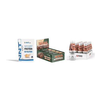 Schokolade Geschmacks-Trio: NNT Whey + 3× ProFuel + 2× MaxiNutritio – alle enthaltenen Artikel