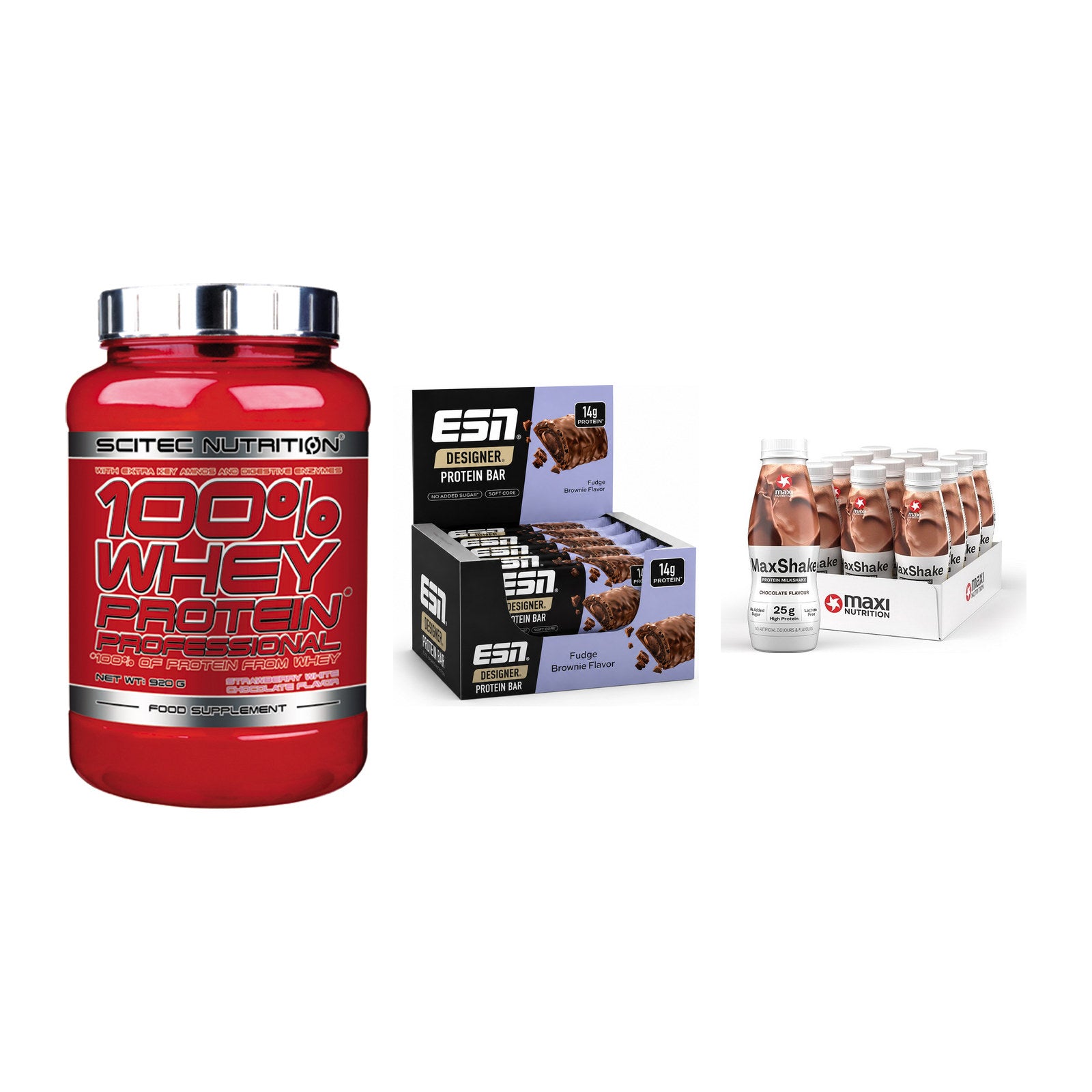 Schokolade Geschmacks-Trio: Scitec 100% + 3× ESN Designer + 1 weitere – alle enthaltenen Artikel