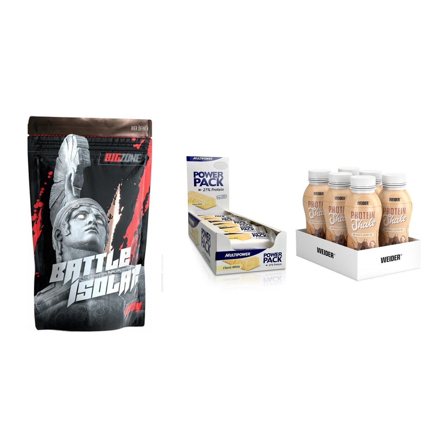 Schokolade Geschmacks-Trio: Big Zone + 3× Multipower + 2× Weider PROTE – alle enthaltenen Artikel