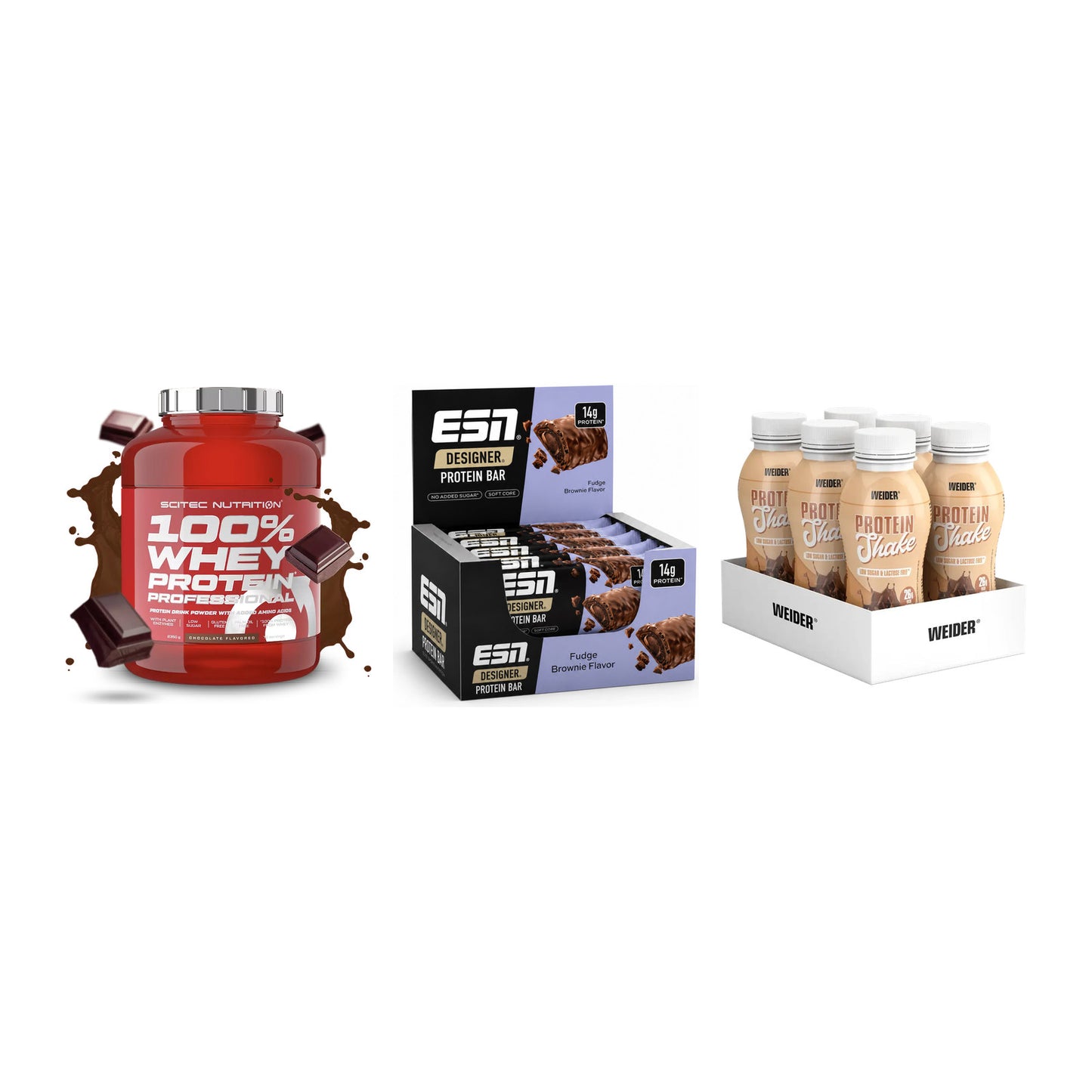 Schokolade Geschmacks-Trio: Scitec 100% + 3× ESN Designer + 1 weitere – alle enthaltenen Artikel