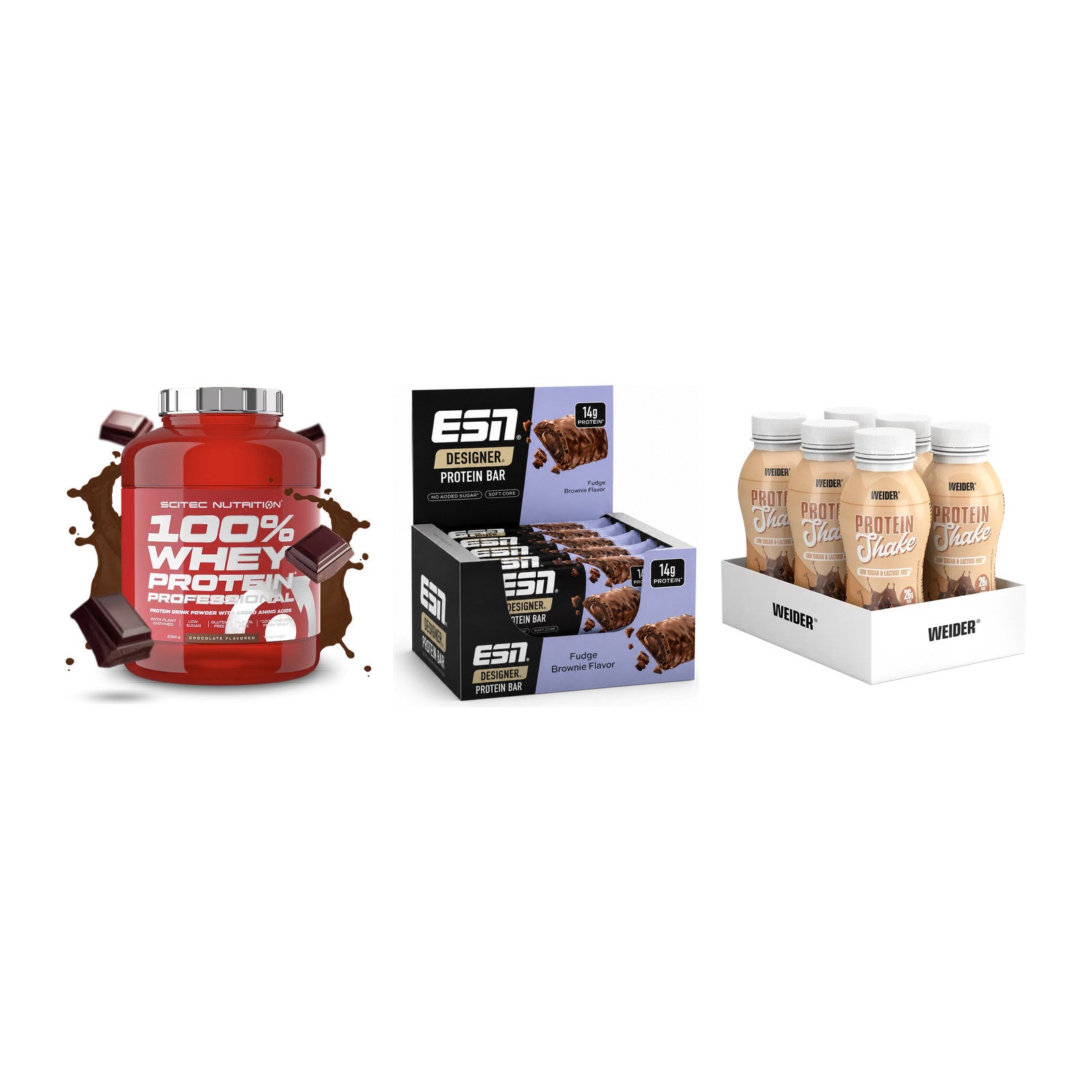 Schokolade Geschmacks-Trio: Scitec 100% + 3× ESN Designer + 1 weitere – alle enthaltenen Artikel